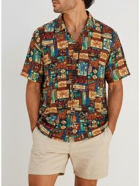 RJC Wood Artisan Hawaiian Aloha Camp Cotton Shirt Tropical Tiki Resort L USA